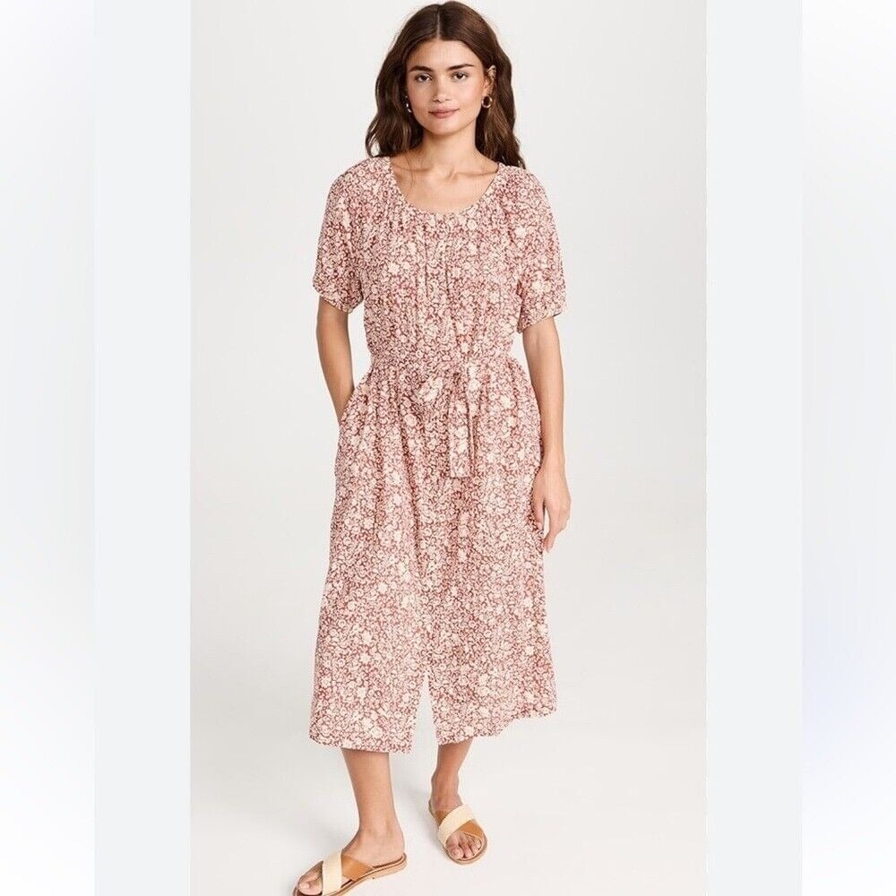 Faherty Women's Carmel Organic Cotton Button Front Red Floral Midi Dress- Size L