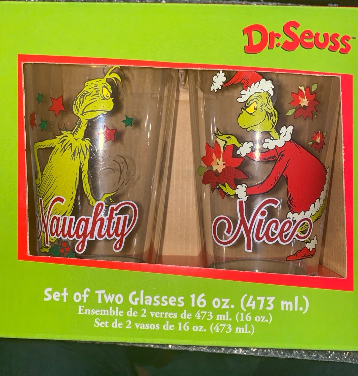 Dr. Suess' The Grinch Christmas Naughty & Nice Drinking Glasses Boxed. 16 oz NIB