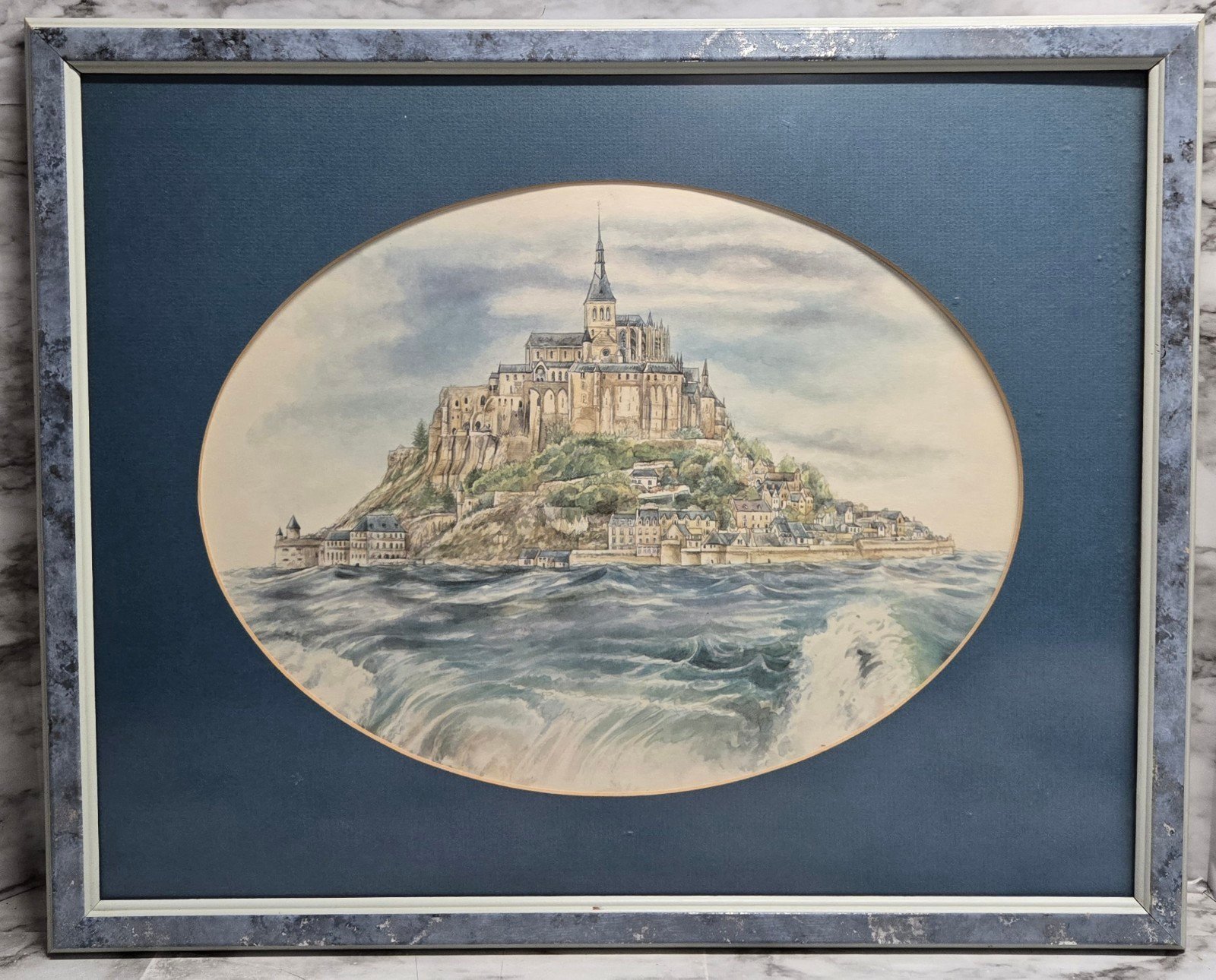 Vtg Watercolor Painting Mont Saint-Michel Island Framed And Matted Cloudy Waves