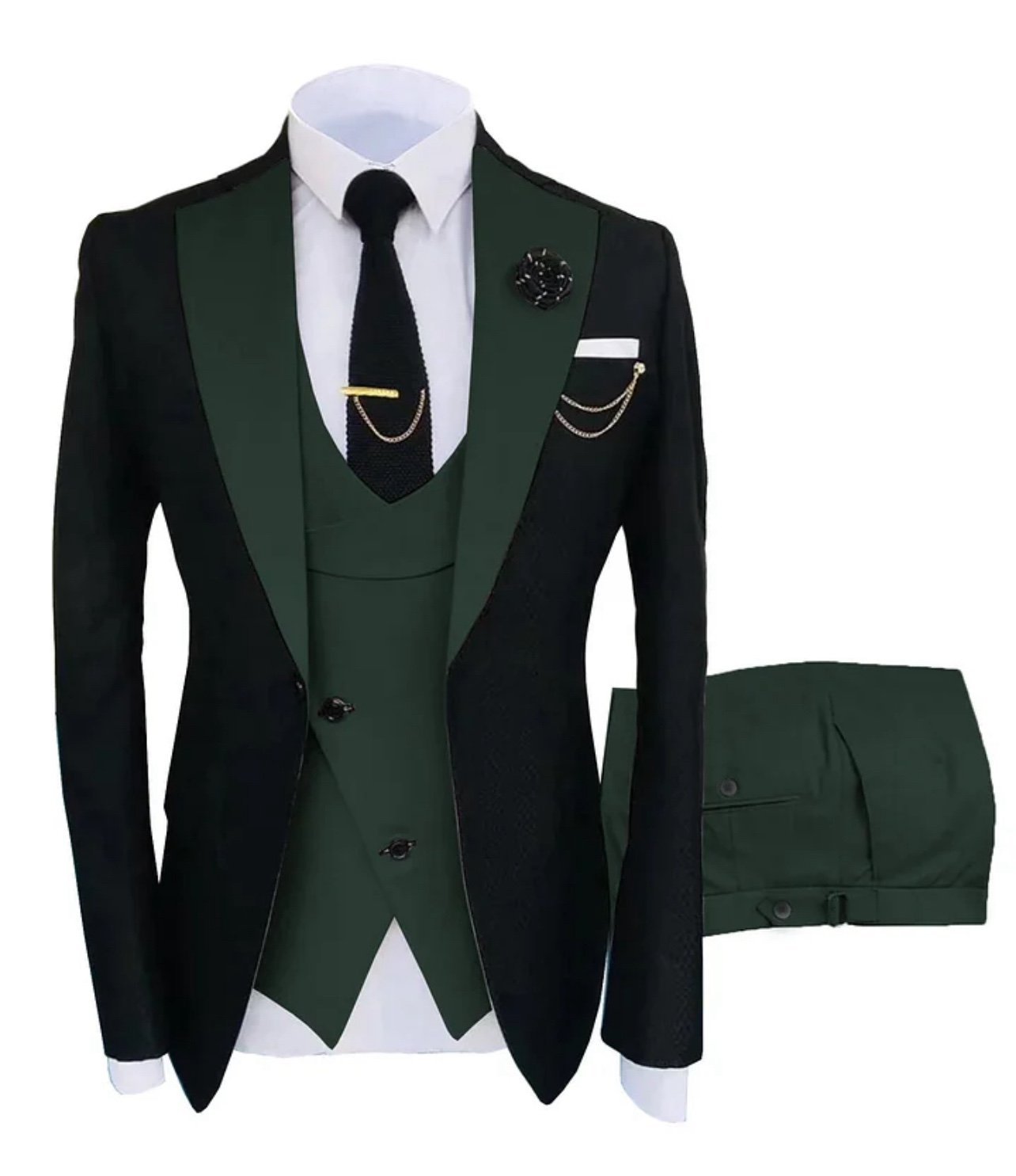 Formal Mens 3 Piece Tuxedo Lapel Suit (Blazer+Vest+Pants) XL/Black, Hunter Green