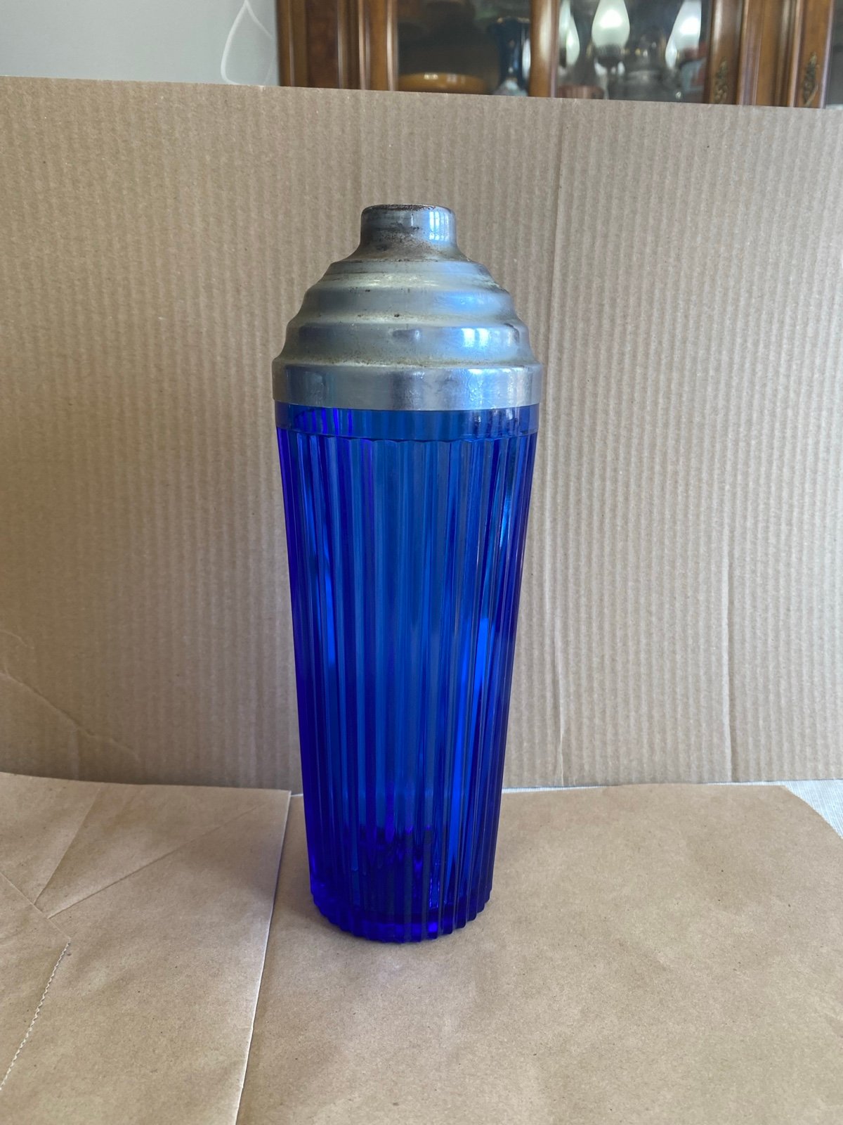 Vintage Cobalt Blue Ridged Glass Cocktail Martini Shaker With Lid Mid Century