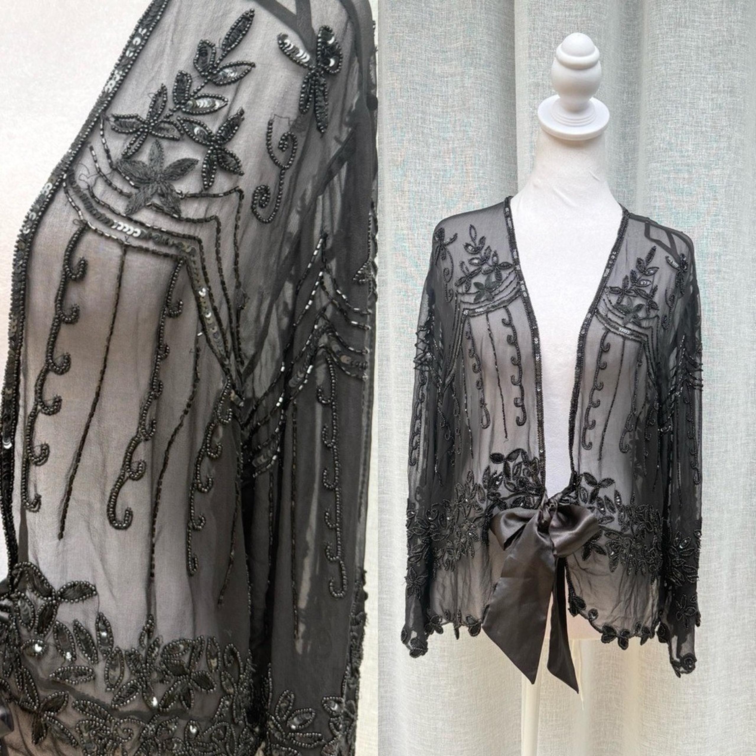 Silk beaded and sequined black sheer long sleeve cover up top