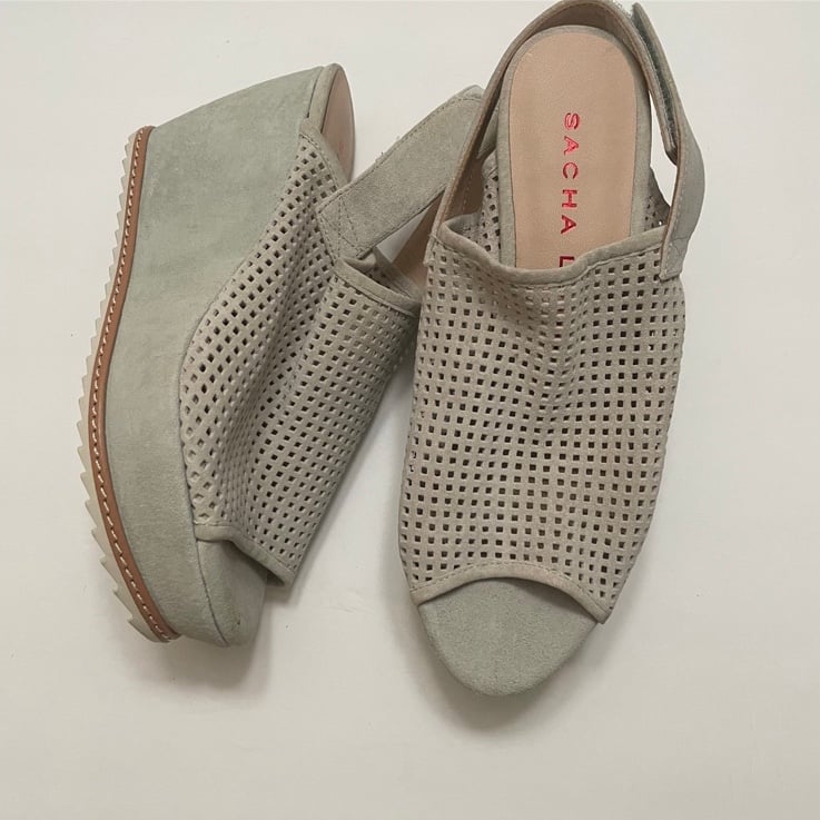 NWOB Sacha London Grey Suede Wedge Perforated Sandals Size 7 1/2