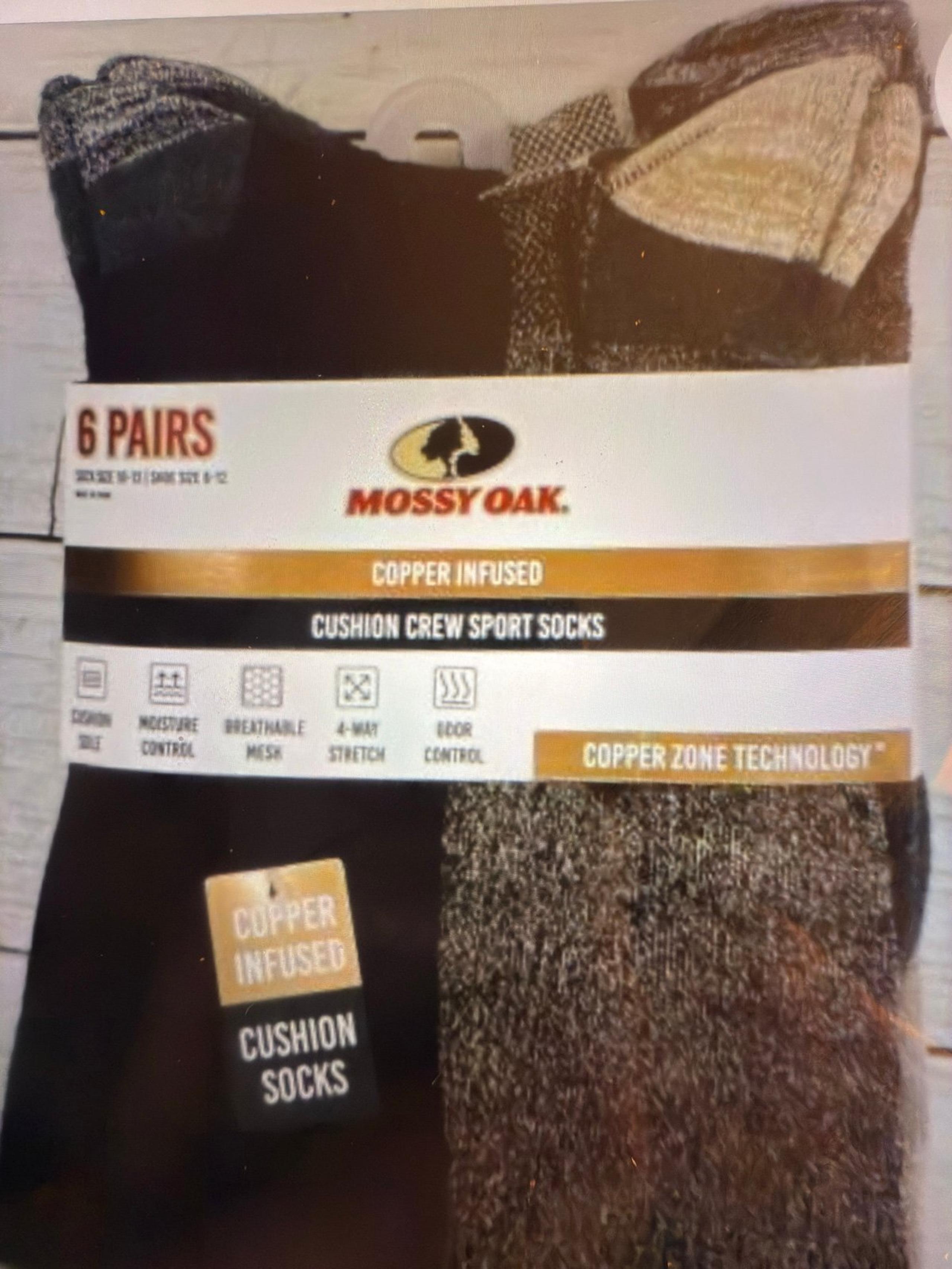 Men’s Mossy Oak copper infused cushion crew socks! New 6 pair brown black & gray