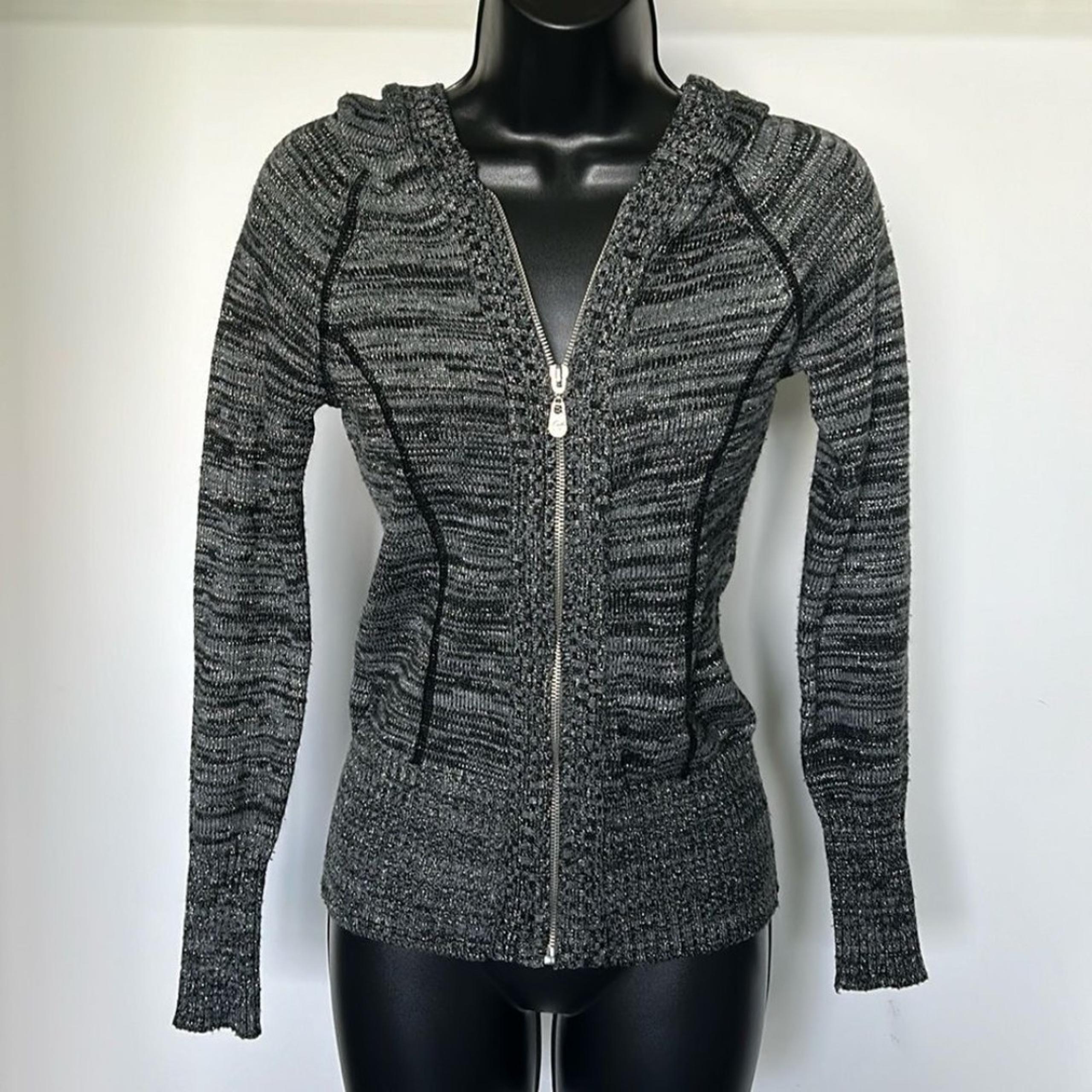 G By GUESS Womens Full Zip Hooded Sweater size XS Black Metallic Silver Cardigan