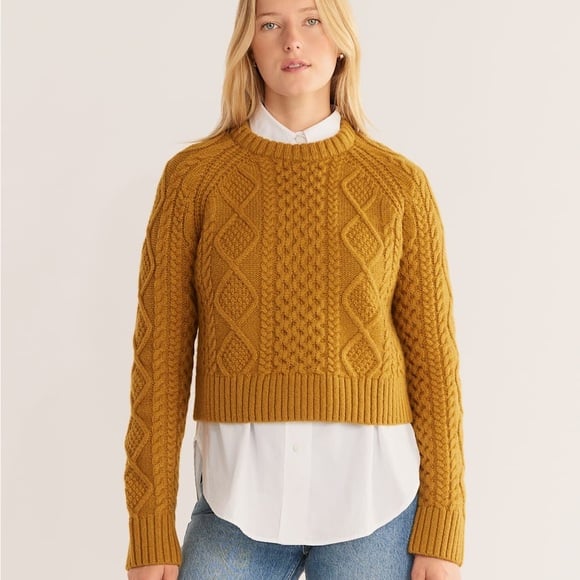 Pendleton WOMEN'S SHETLAND WOOL COLLECTION FISHERMAN SWEATER DEEP GOLD XL