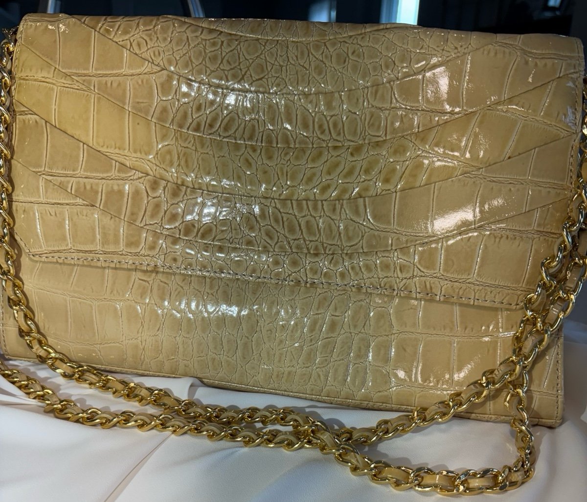 Saks 5th Avenue Patent Leather Shoulder Bag With Detachable Gold Tone Chains