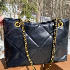 Luxury Faux Leather Black Handbag with Gold Chains