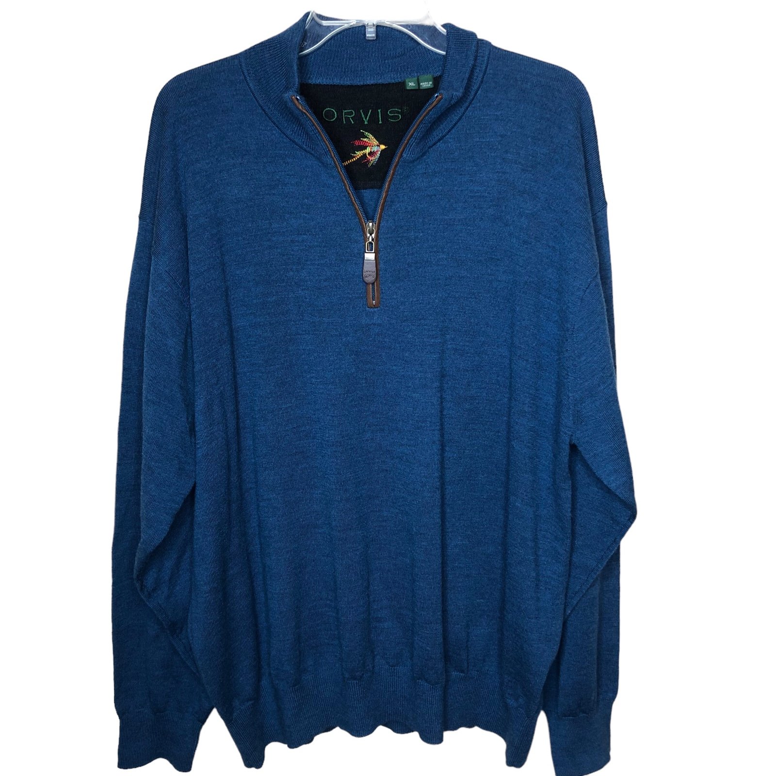 Orvis Mens Merino Wool Sweater Size XL Blue Quarter Zip Pullover Quality Outdoor