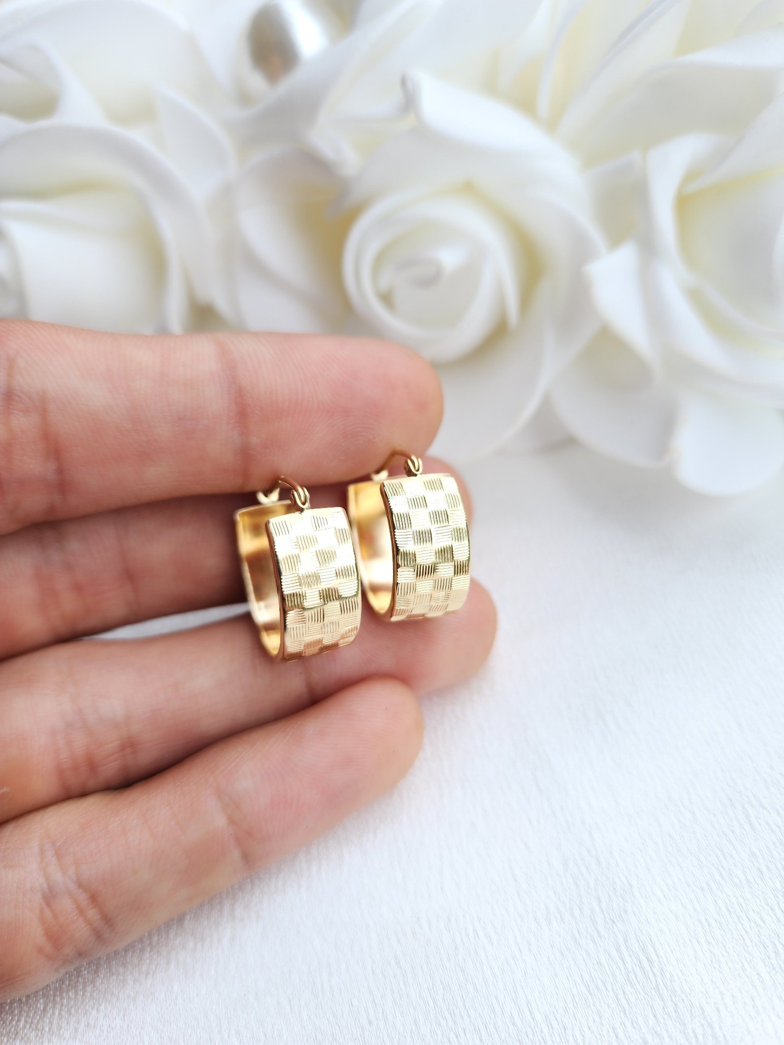 Real 14k Gold Square Diamond Cut Thick Hoop Earrings