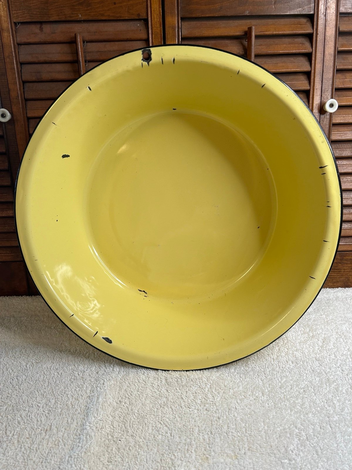 Vintage Yellow with black trim Enamel Bowl Wash Basin Farmhouse Kitchen