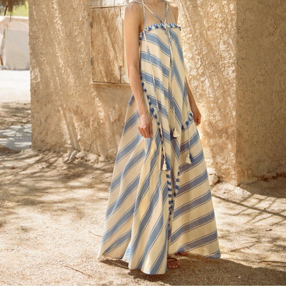 Dodo Bar Or Pedro Blue and Cream Spaghetti Strap Maxi Sundress Size S