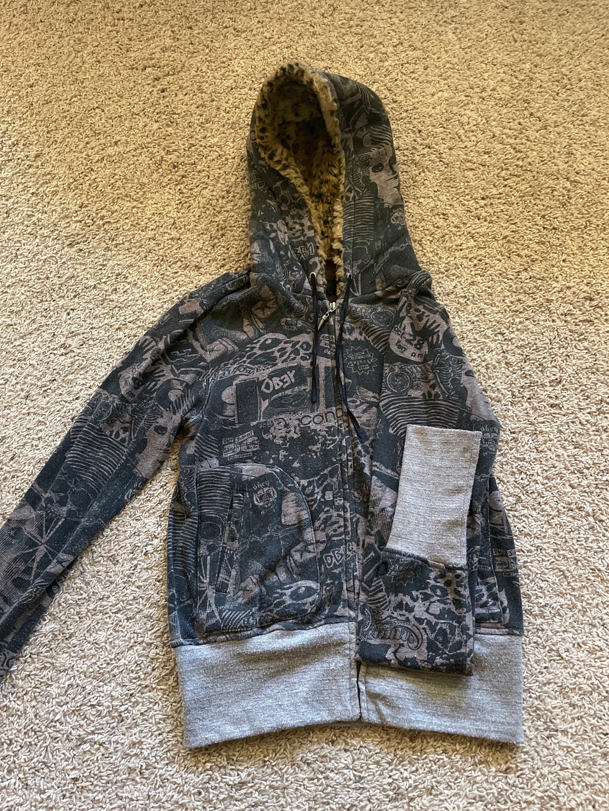 Obey Zip up Hoodie Leopard Lined Hood