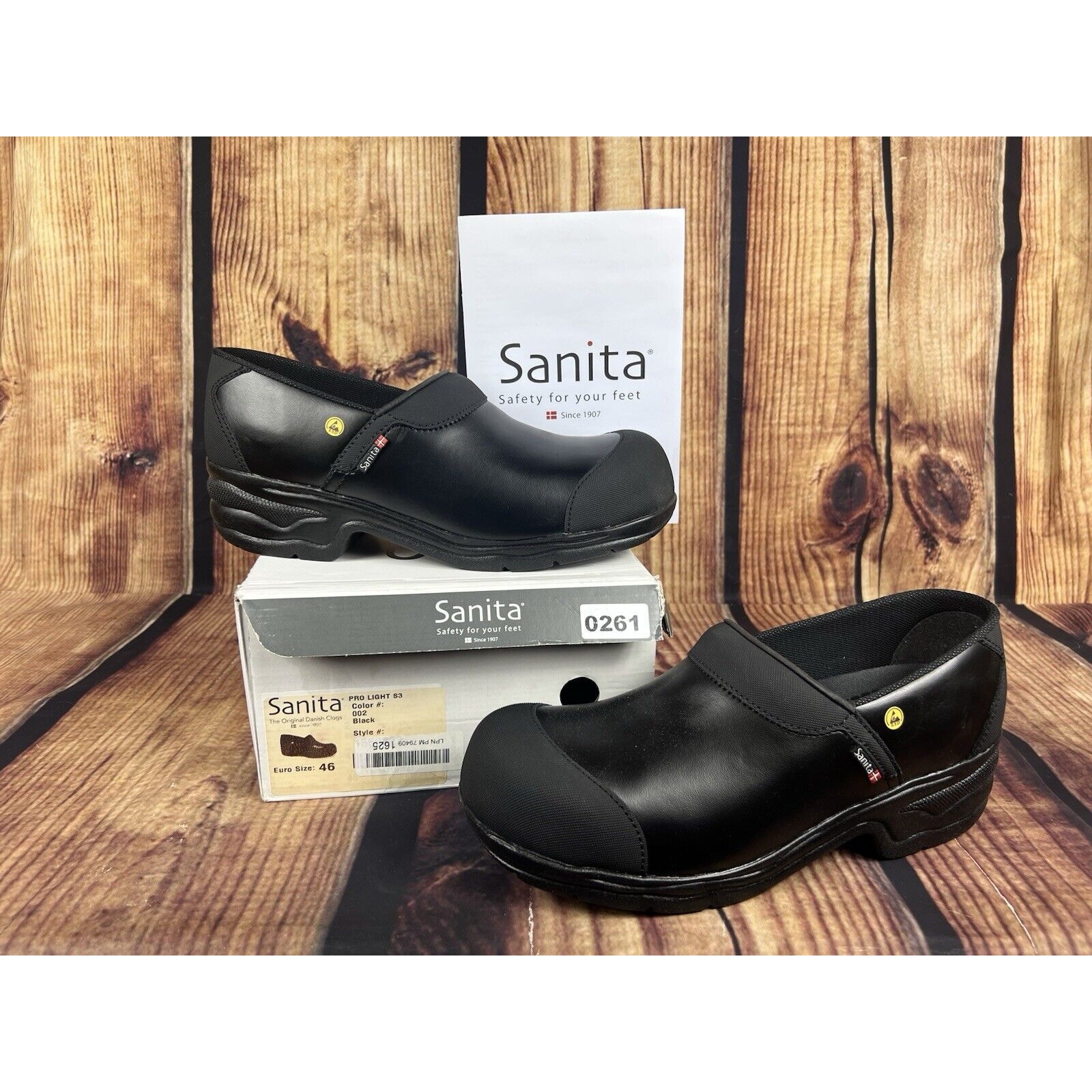 Sanita Pro Light S3 Oil Resistant Black Leather Clog Unisex EU 46 Steel Toe ESD
