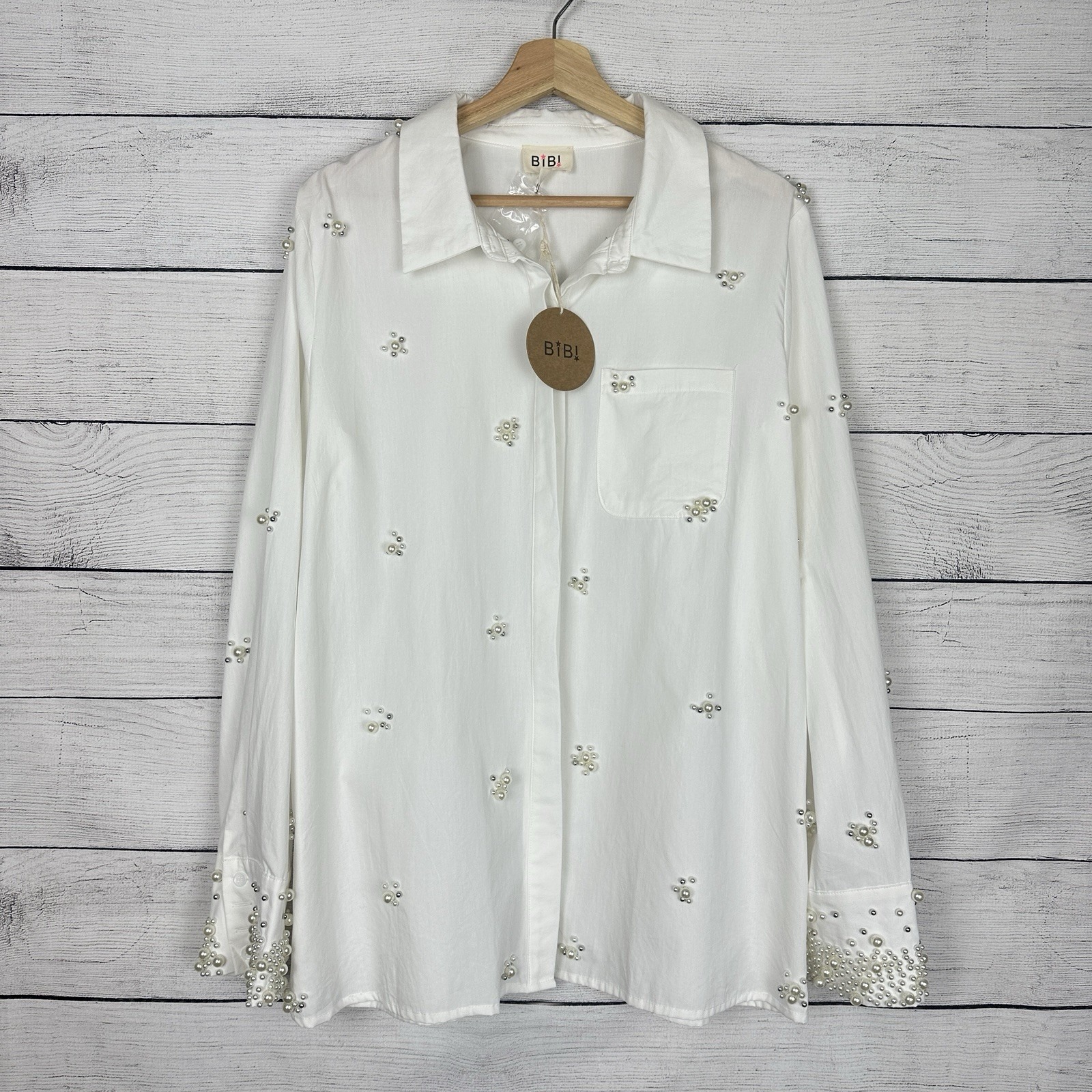 BIBI White Pearl Studded 100% Cotton Button Down Size XL NWT Resort Wear Luxury
