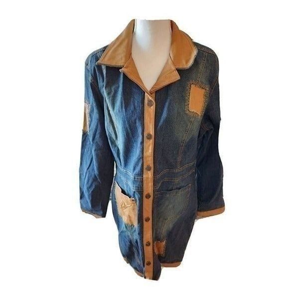 Vintage 90s FUBU Womens Blue Brown Denim Coat Leather Trim Size XL Long
