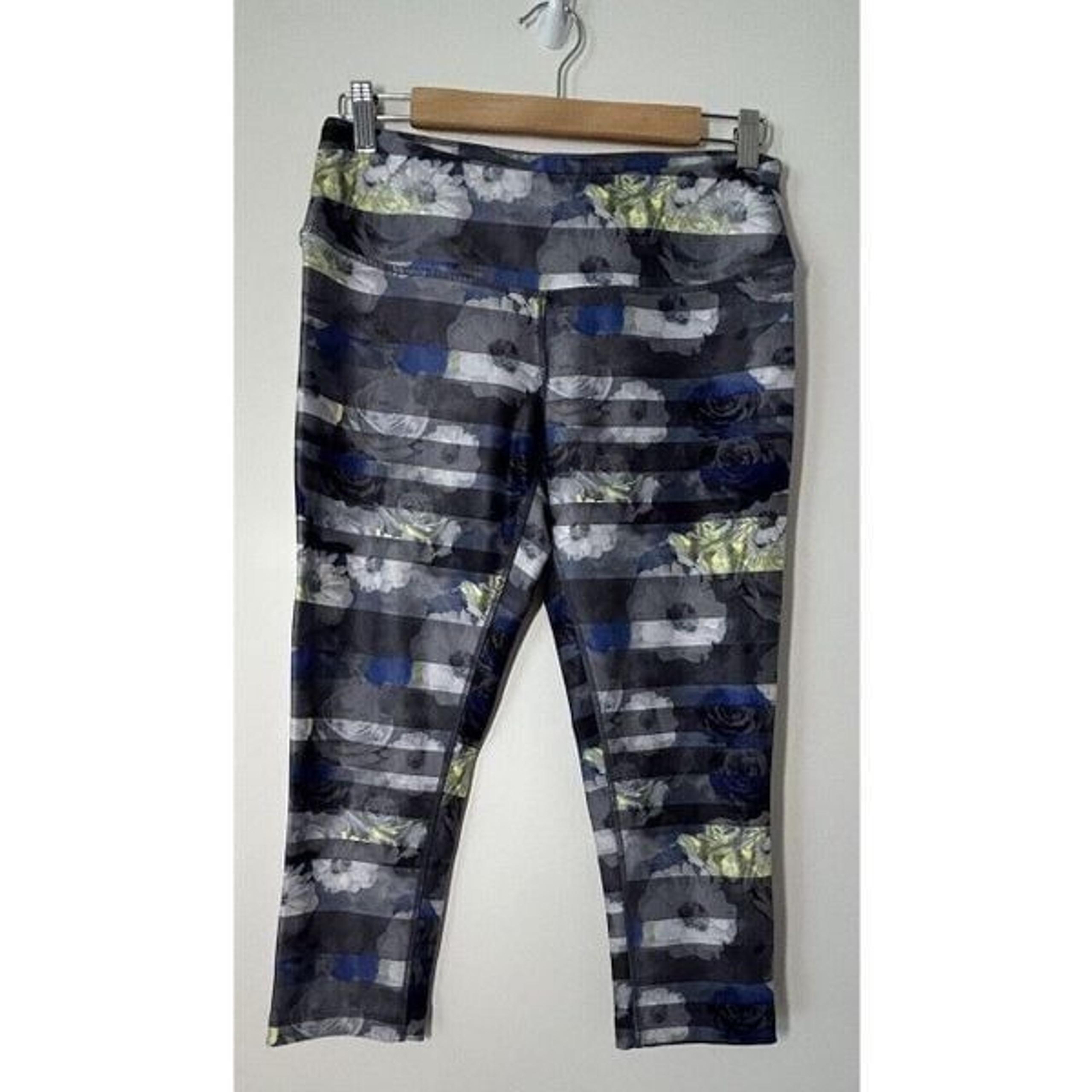 MONDETTA Leggings Workout Yoga Women Size Medium Gray Stripes Floral