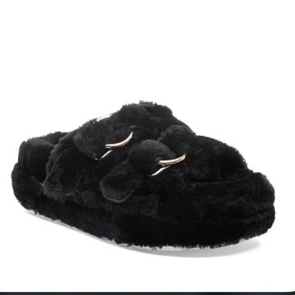 J/SLIDES BLACK BROOKE GENUINE SHEARLING PLATFORM SLIPPER SIZE 7