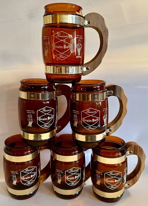Siesta Ware PREMIUM GRAIN BELT BEER Amber Mugs W/ Wood Handles Set of 6 Vintage!