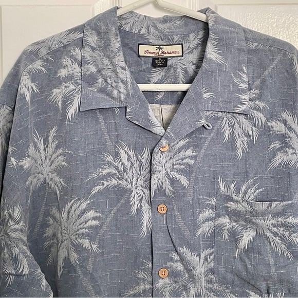 Tommy Bahama XL 100% Silk Jacquard Blue Palm Men's Aloha Hawaiian Camp Shirt