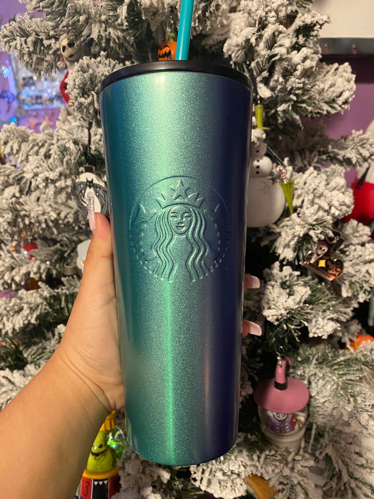 Starbucks blue and green stainless steal cup