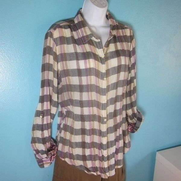 Isabella Sinclair Attay Button Up Shirt Size L Lace Back Plaid Roll Tab Sleeve