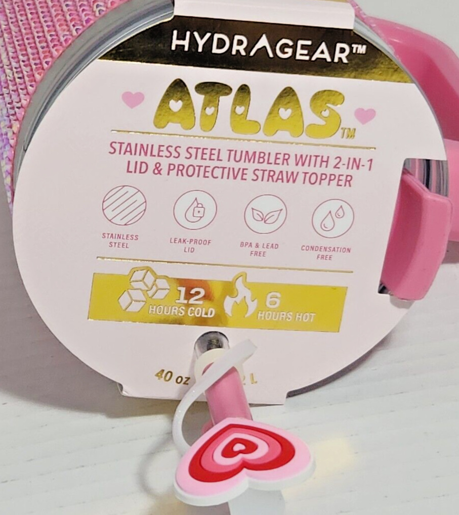 HYDRAGEAR Pink Rhinestone 40 oz Tumbler w/ 2 in 1 Lid &Heart Straw Topper