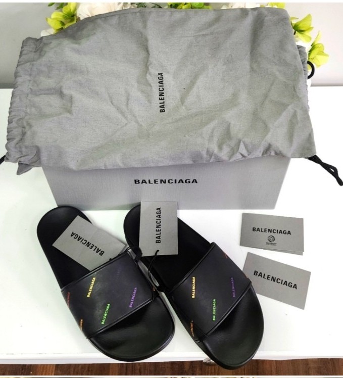 Balenciaga multi print logo pool slides size 38