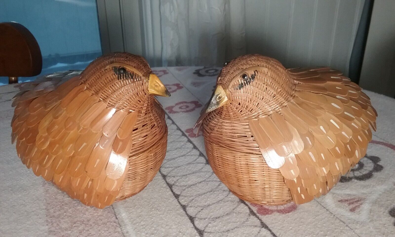 Vintage Bird Basket Hand Woven Lidded Storage Rattan Wicker Trinket Box set of 2