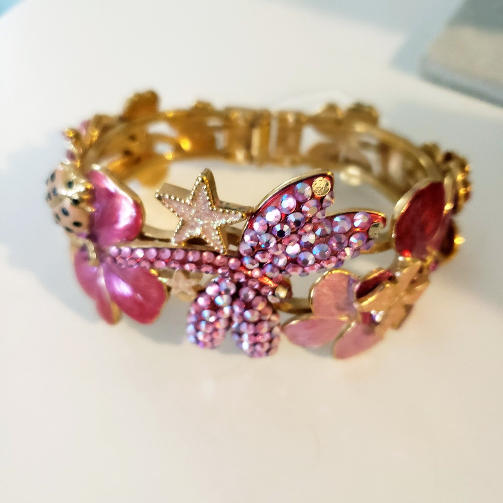 Kirks Folly Hinged Cuff Bracelet Pink Floral Dragonfly & Ladybug - Rare Color