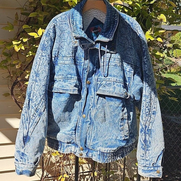 Vintage Sherpa Lined Denim Jacket Mens Sz XL 80s Acid Wash Jean Moto Bomber Coat
