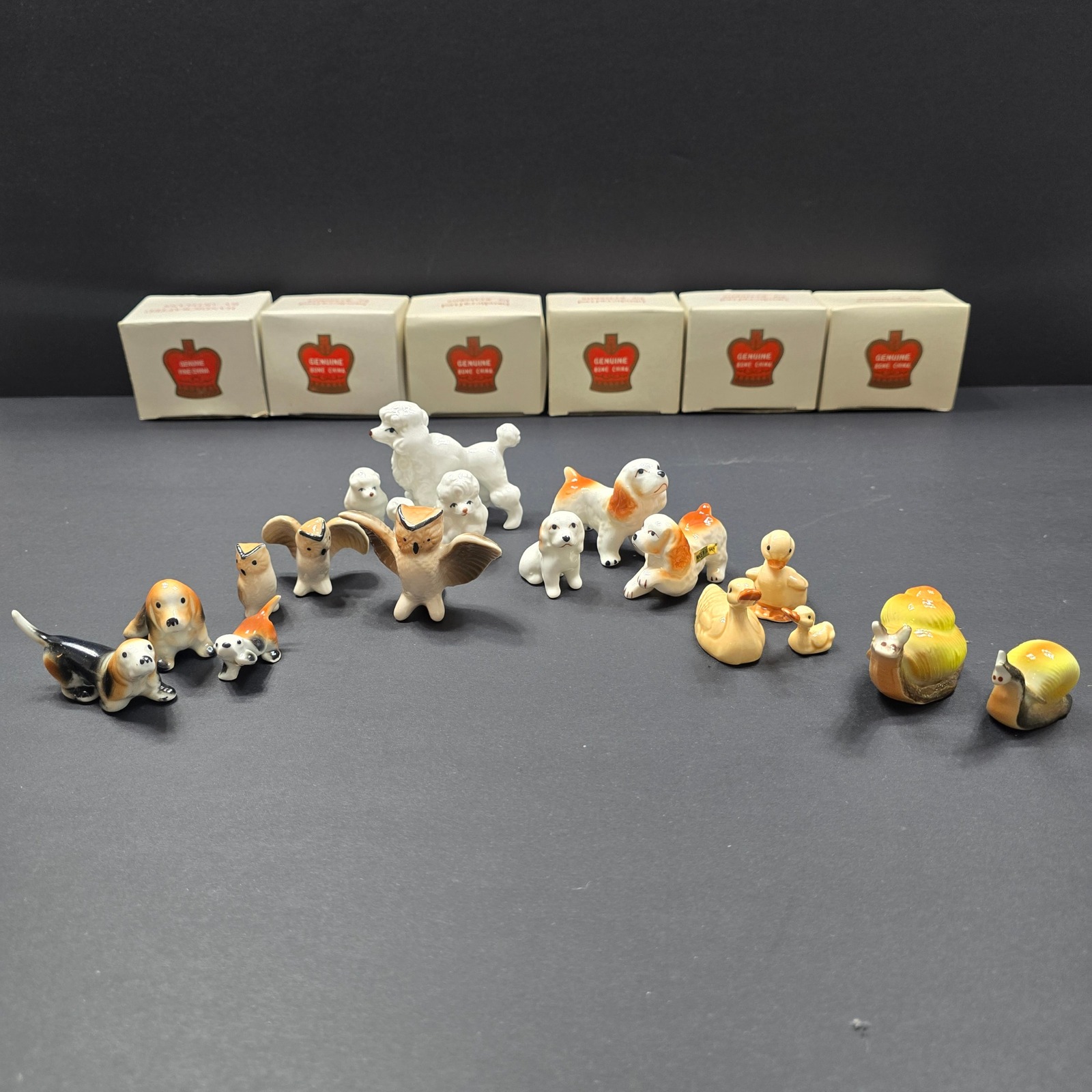 Genuine Bone China Miniature Lot of 17 Figurines Animals Dogs Owls Ducks Snails