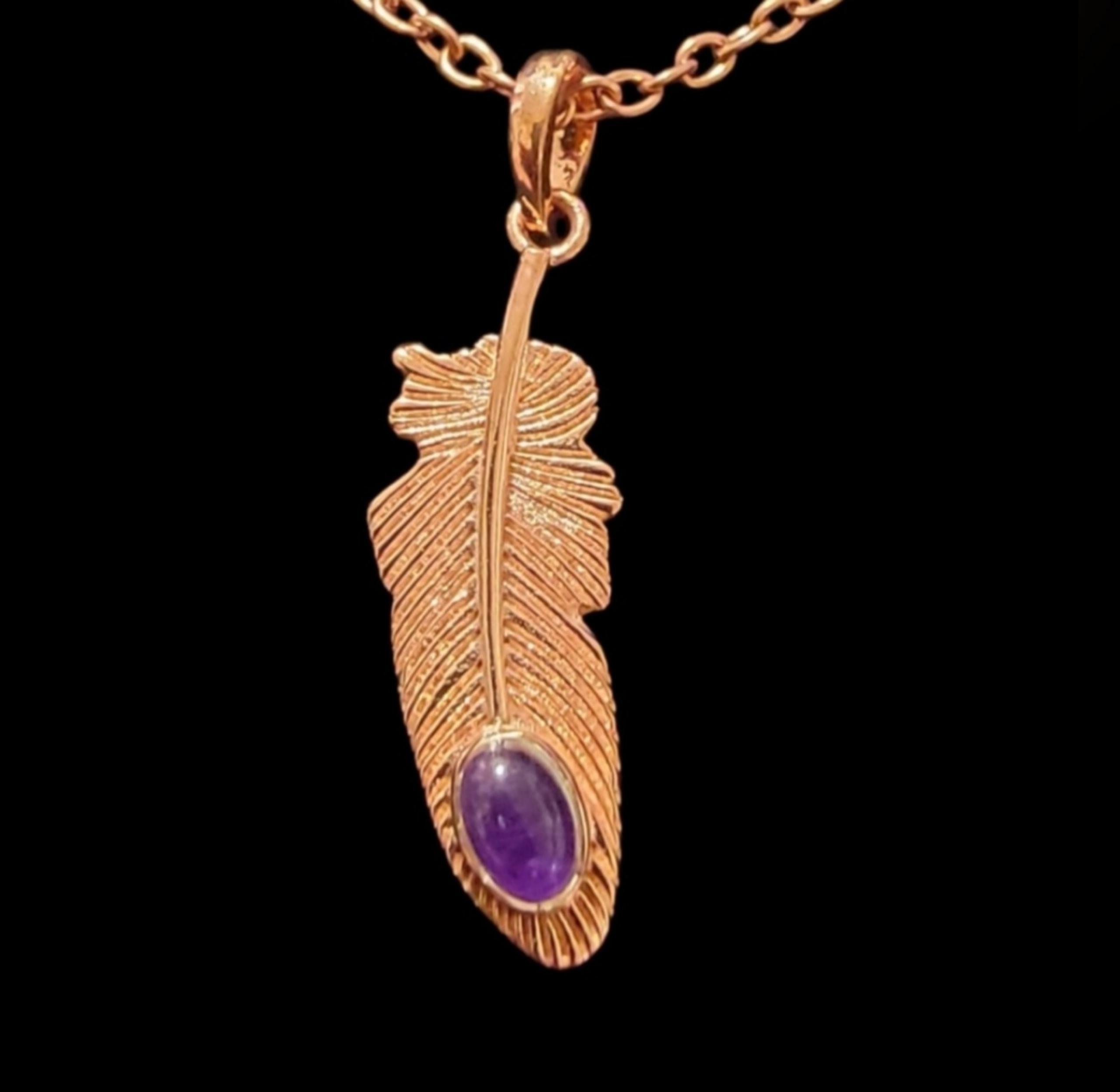 Amethyst Feather Copper Pendant Necklace
