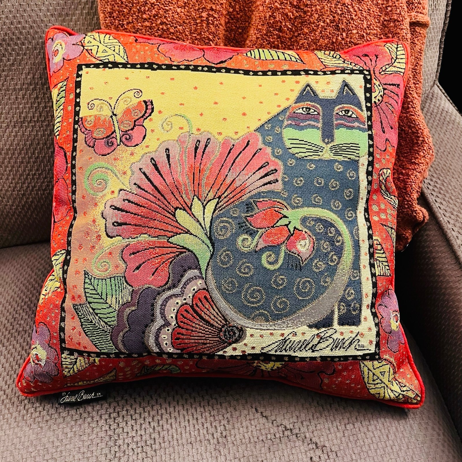Laurel Burch Cat Tapestry Throw Pillow 16” Accent Colorful Signed Whimsical 90s