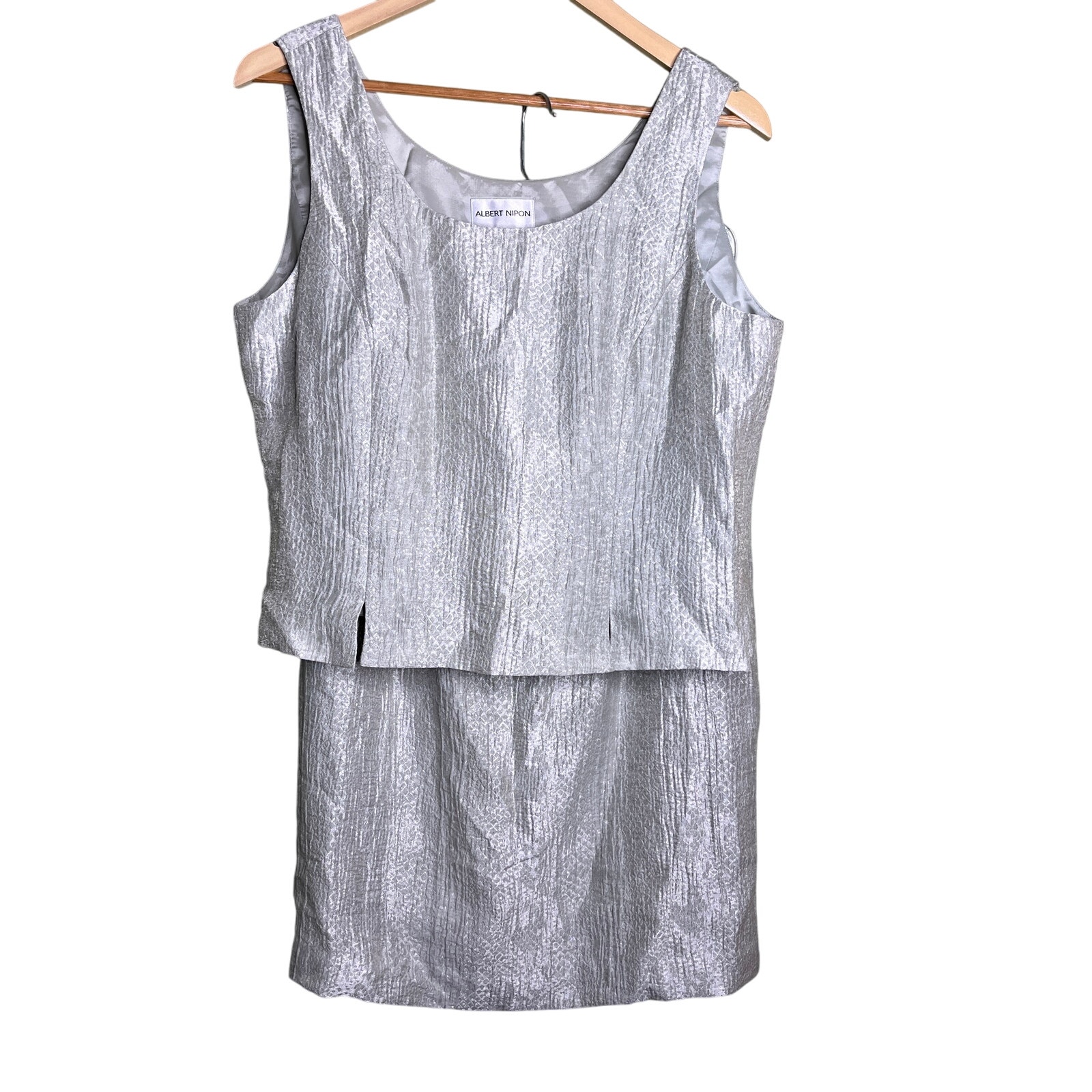 Albert Nipon Metallic Silver Washable Linen Skirt Set Vintage Size 12