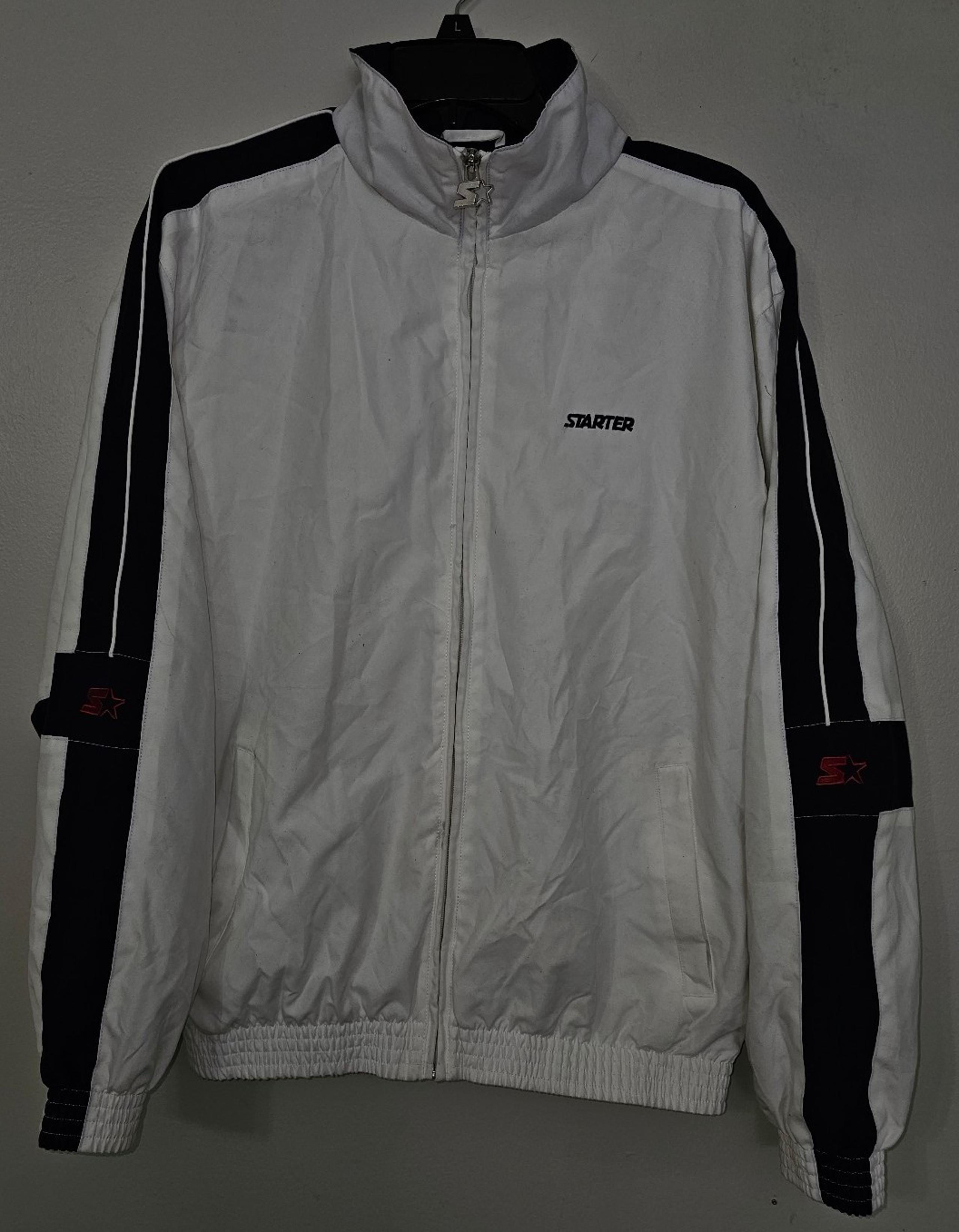 Vintage Starter 90s White Blue Polyester Full-Zip Windbreaker Jacket Men's Small