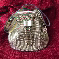 Michael Kors gold metallic beaded drawstring mini shoulder/crossbody bag