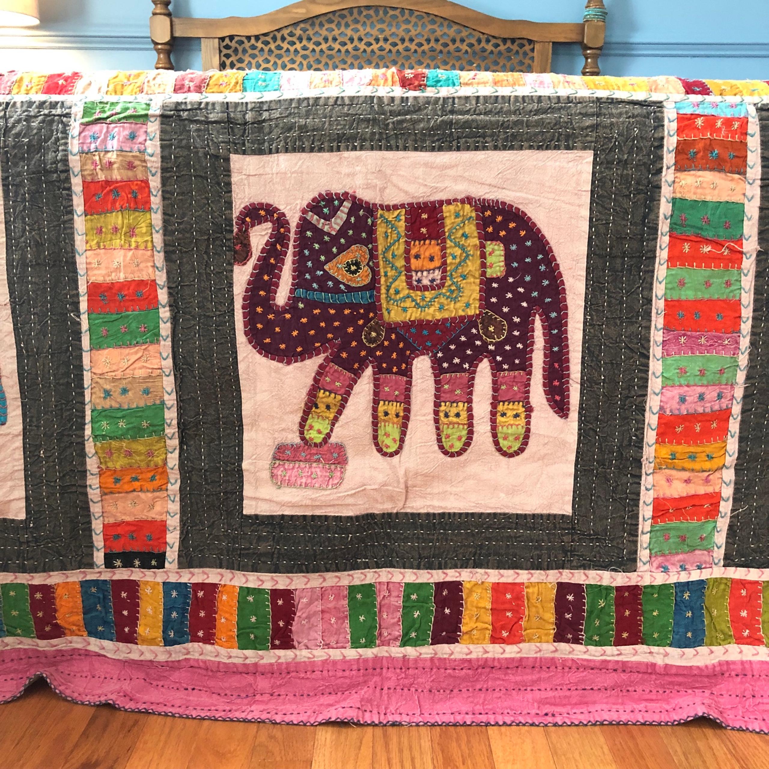 Bohemian Khantha Embroidered Patchwork Elephant Quilt Pink Purple Maroon