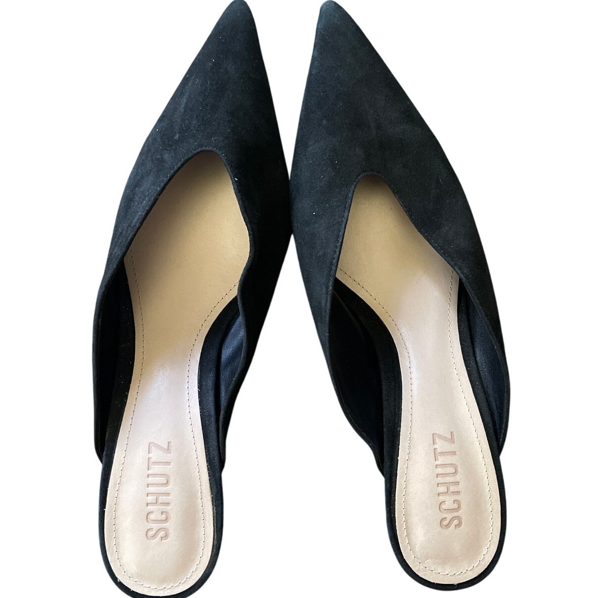 Schutz Deluxe Sue Black Suede Closed Toe Mule 2.5” Mini Block Heel Size 8.5