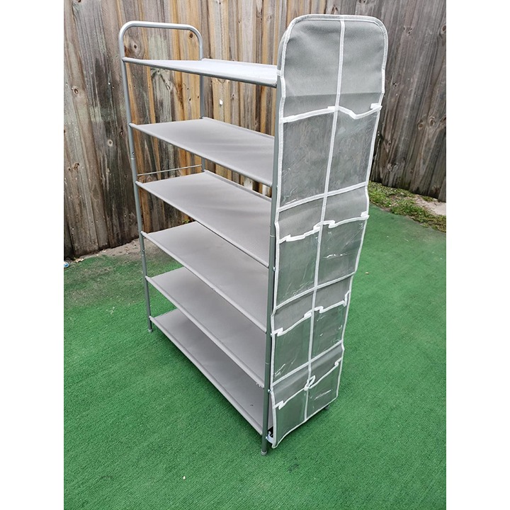 Simple Houseware 6-Tier Shoe Rack Storage Organizer w/ Side Hanging Bag Grey
