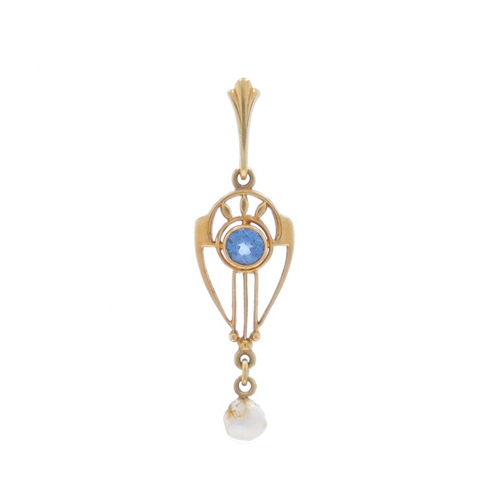 Yellow Gold Art Deco Sapphire Pearl Lavaliere Pendant 14kRnd.24ct Vintage LX1694