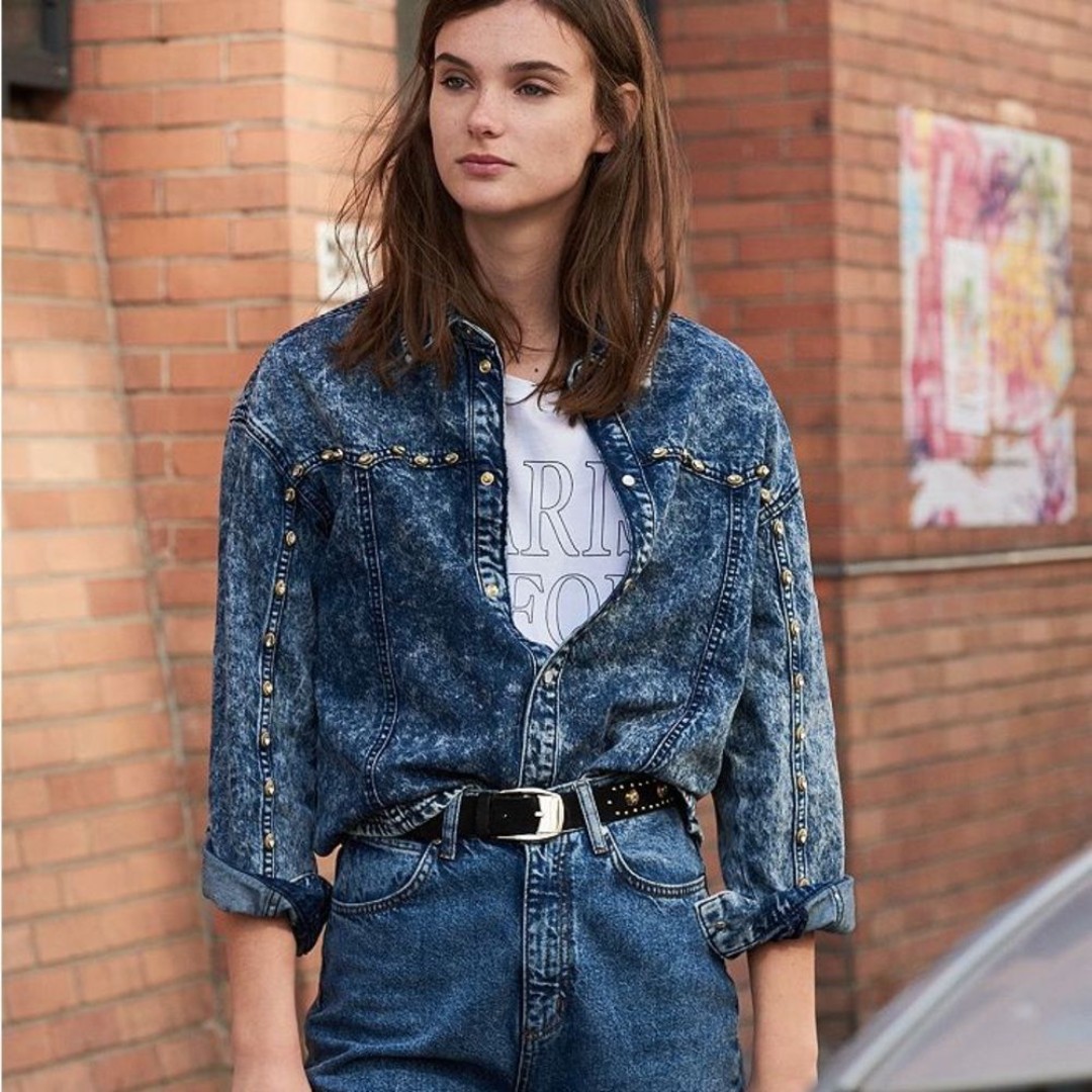 NWT Sandro Stane Denim Rhinestone Pearl Shirt Midnight Blue Western Jacket US 8