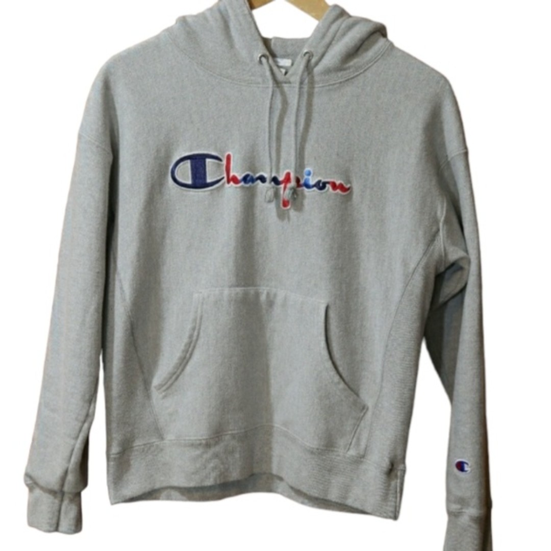 Vintage Champion Gray Reverse Weave Hoodie Sweatshirt Medium Logo Spellout