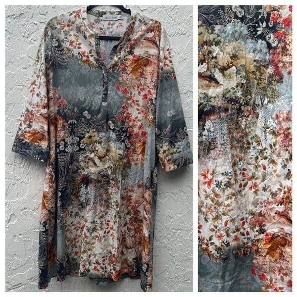 JOHNNY WAS Calme Dress Women XS Henley Shift Kaftan Floral Boho Oversized