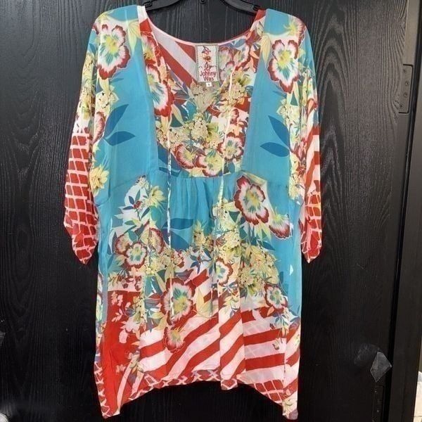 Johnny Was Relaxed Shirt Blue Red Pullover Tunic Top S Keyhole Tie Floral
