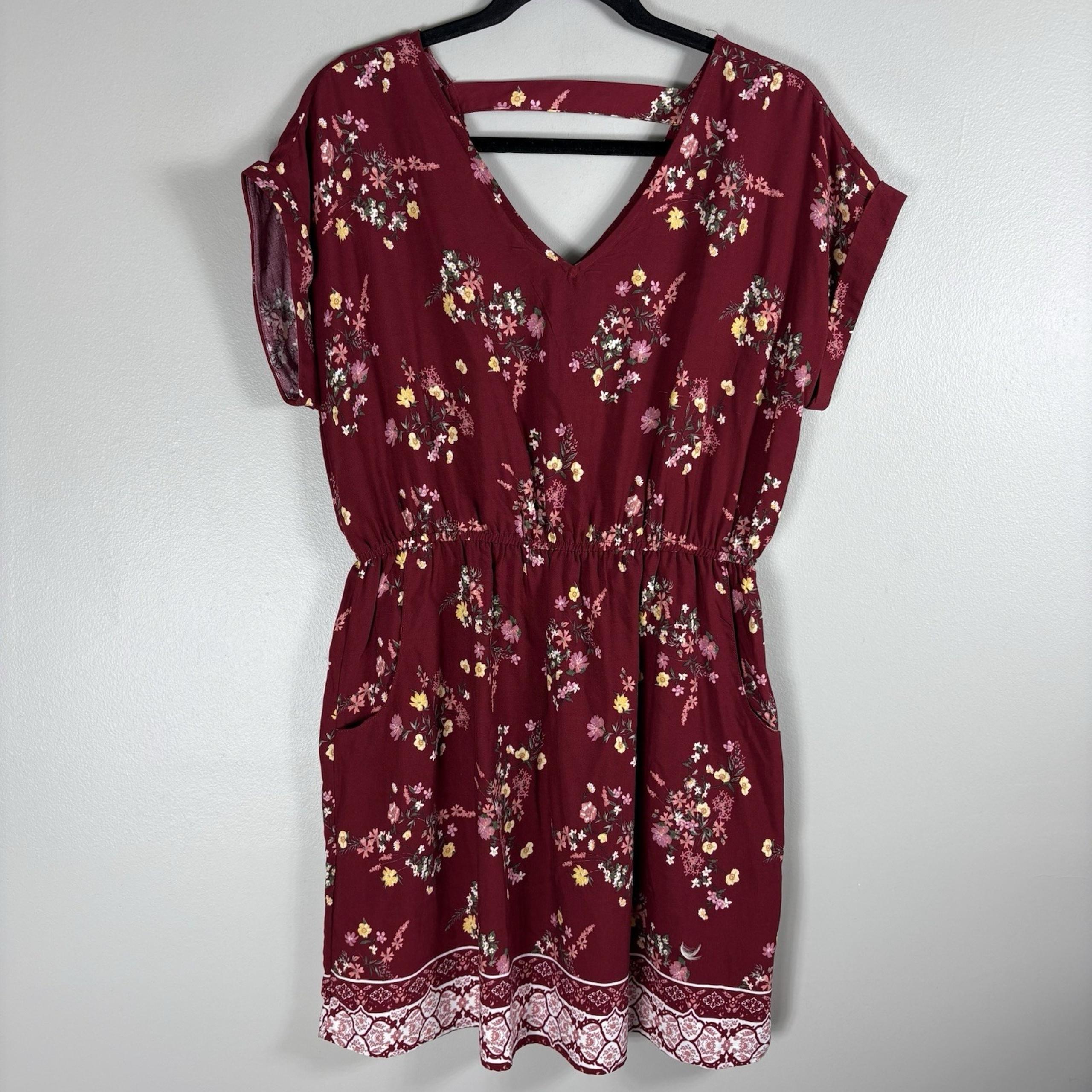 Pink Rose Women's Large Maroon Floral V Neck Short Sleeve Pullover Skirt Romper