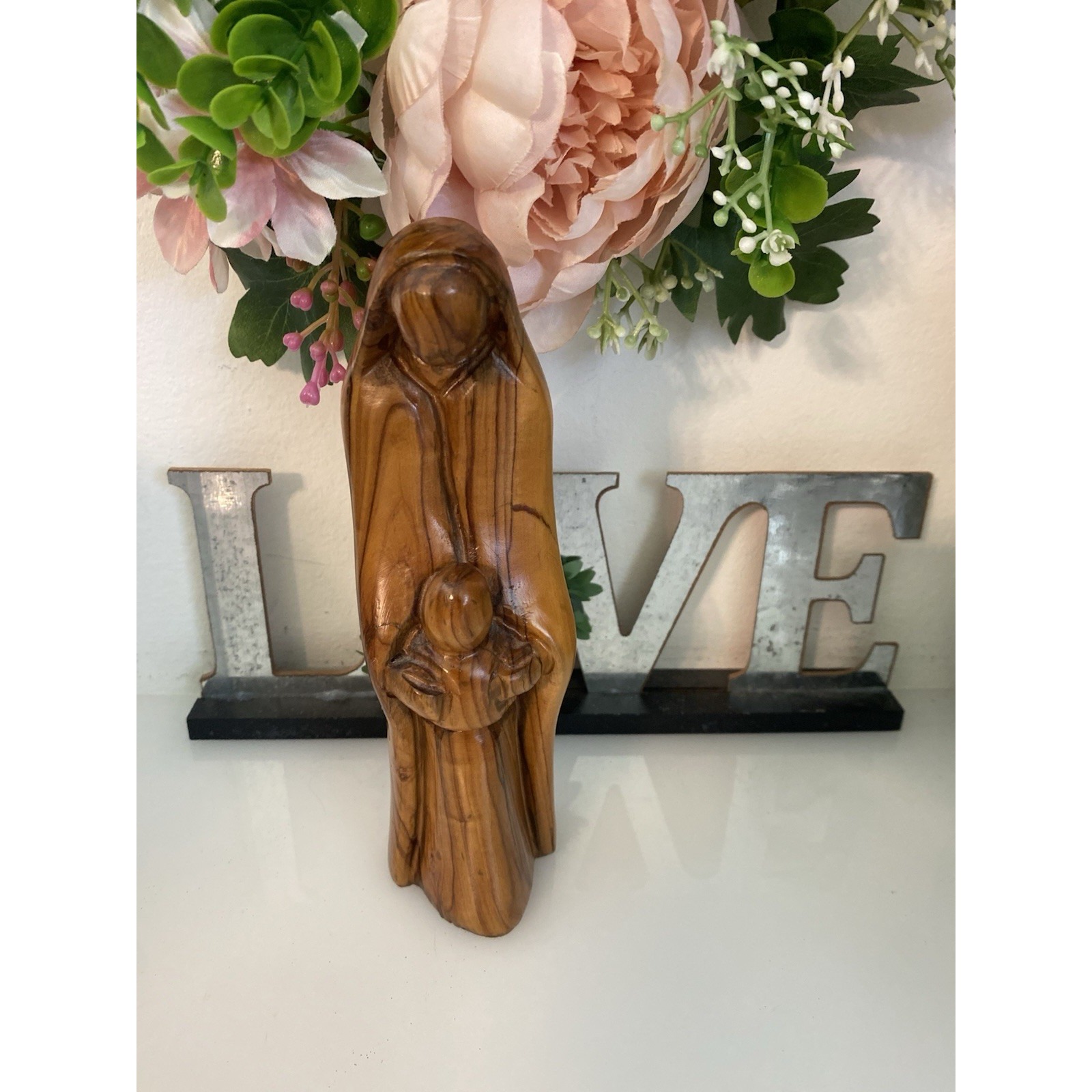 Vintage Hand Carved Olive Wood 7 Tall Madonna & Child Figurine From Holy Land