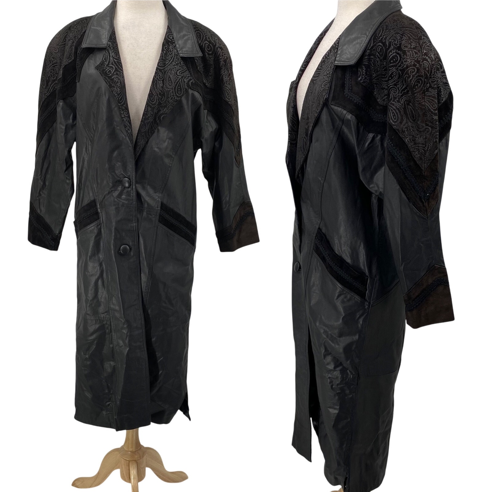 Vintage 80s Leather Jacket Oversized Paisley Brocade Trim Suede Black Womens M/L