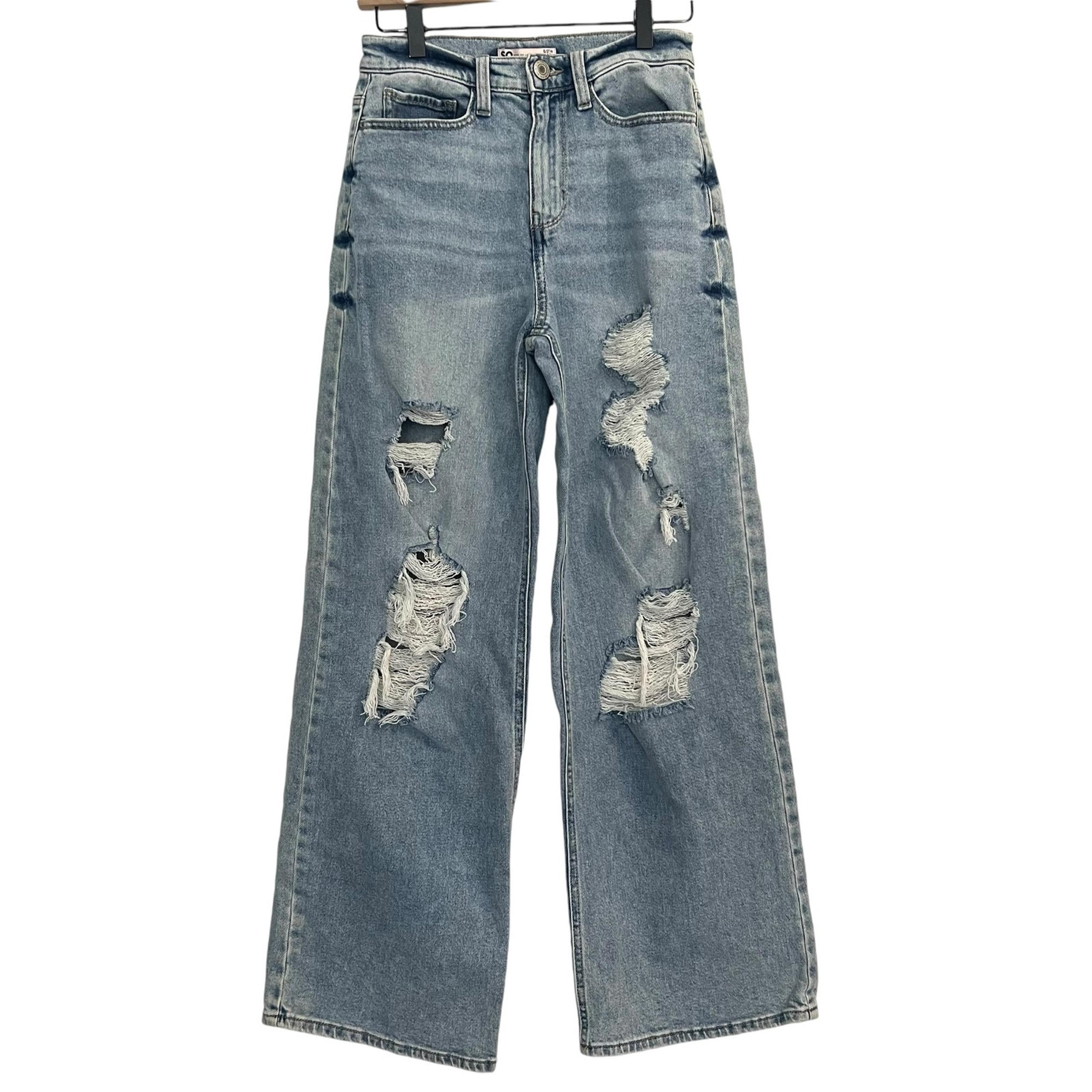 SO Women High Waisted 90's Wide Leg Jeans Size 27 Grunge Distressed Baggie Denim