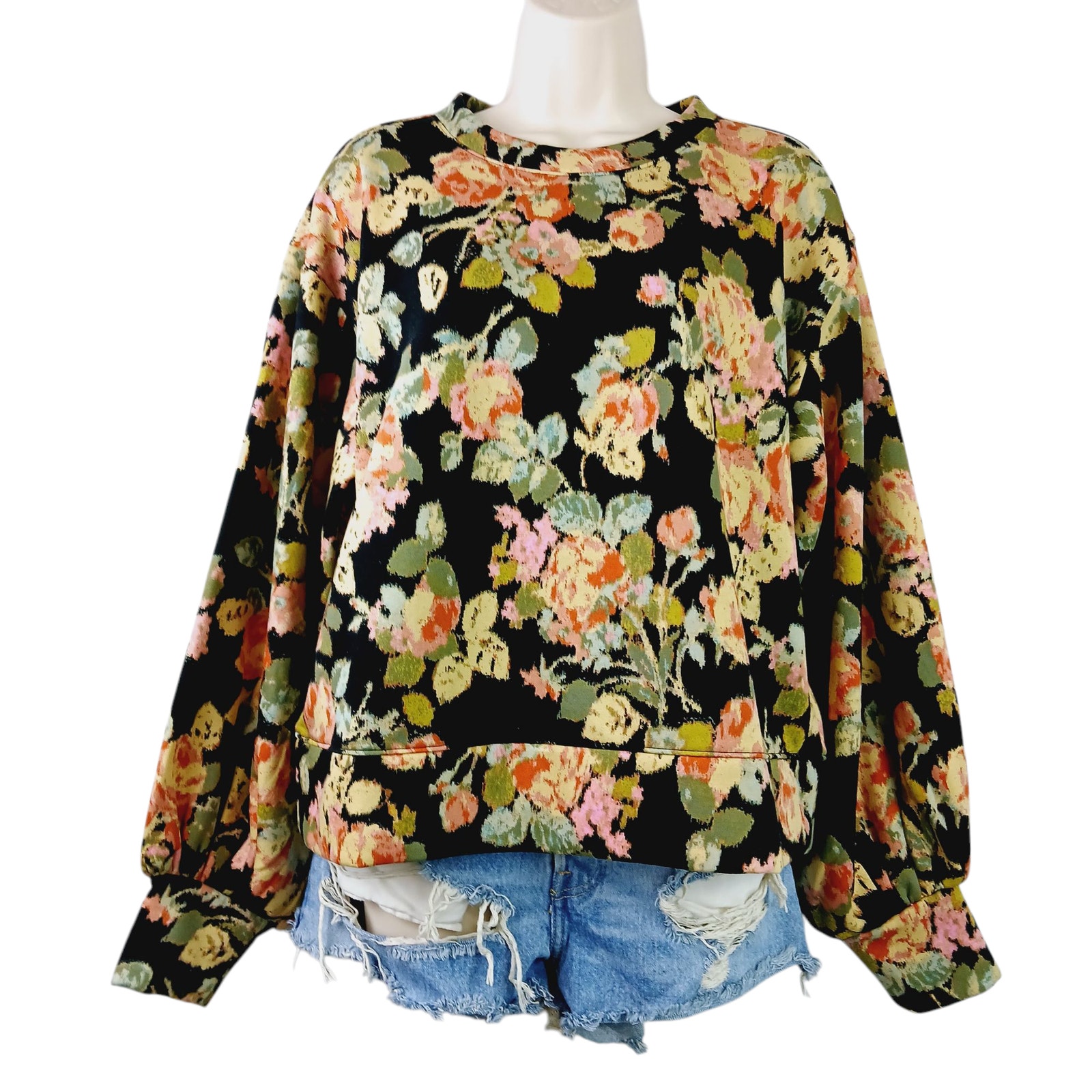 Loft SZ M Floral Puff Sleeve Sweatshirt Black